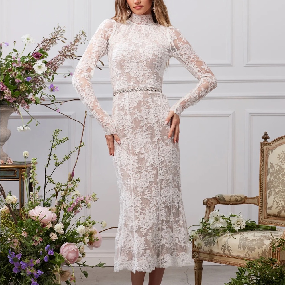 V. Chapman Ivory Floral Lace High-Neck Midi Dress